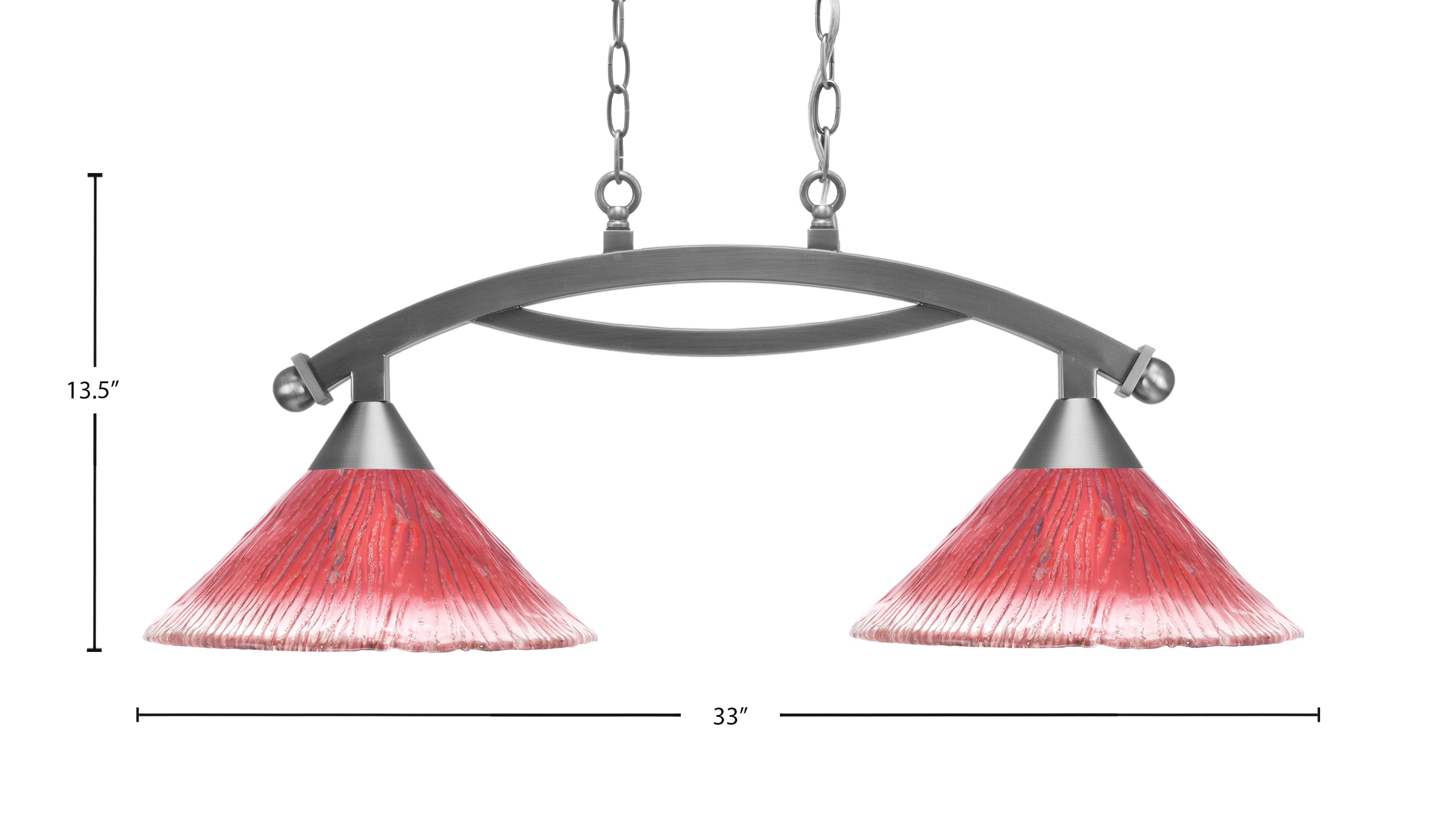 Bow Two Light Island Pendant in Brushed Nickel with 12" Raspberry Crystal Shade
