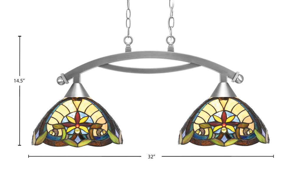 Bow Two Light Island Pendant in Brushed Nickel with Earth Star Art Glass Shade