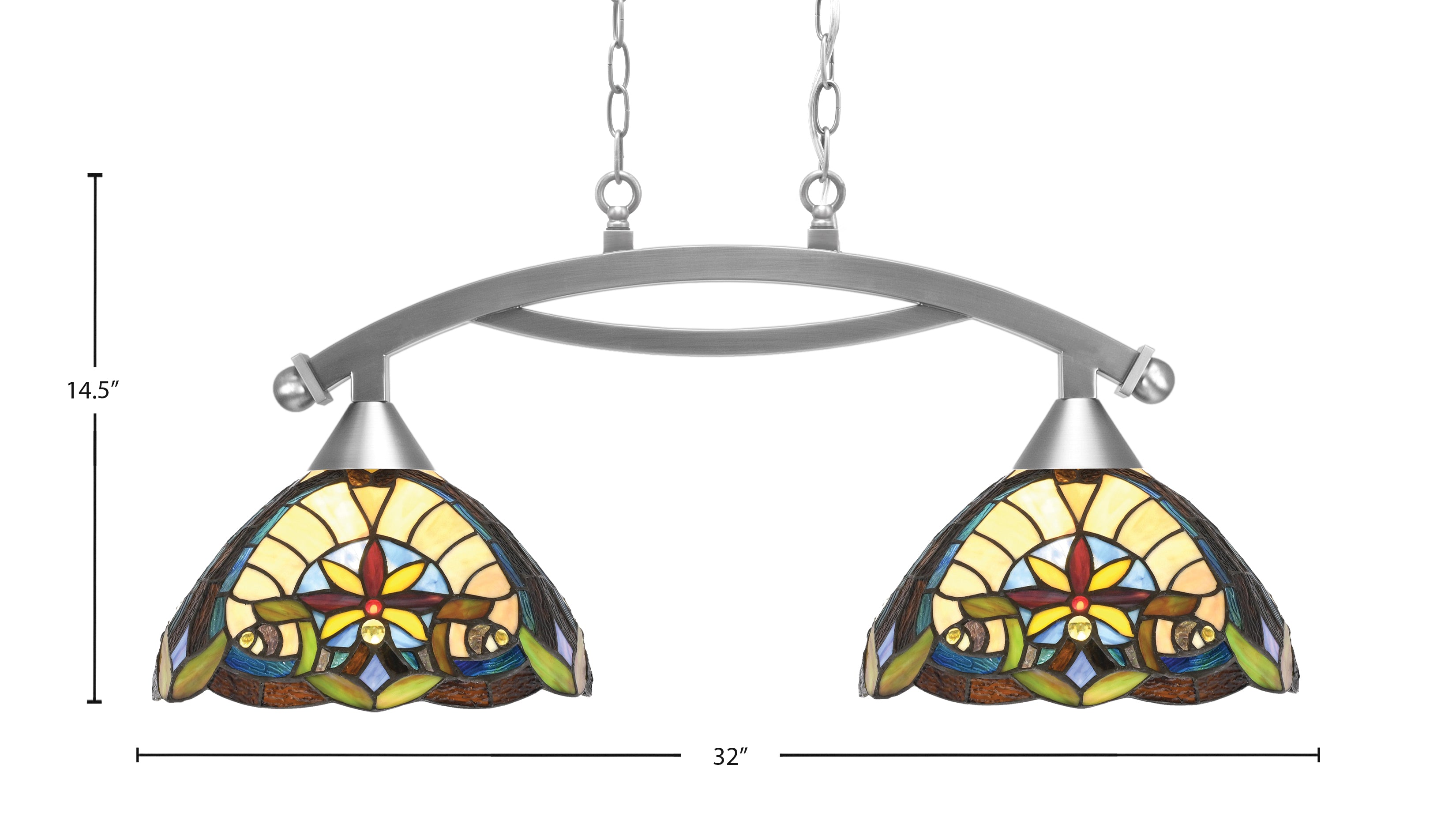 Bow Two Light Island Pendant in Brushed Nickel with Earth Star Art Glass Shade