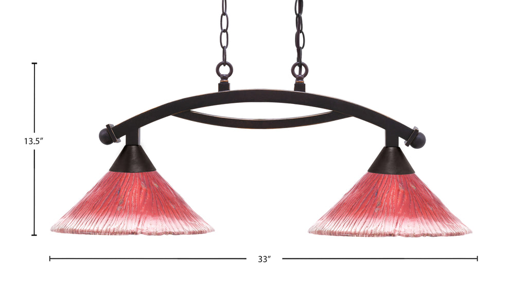 Bow Two Light Island Pendant in Dark Granite with 12" Raspberry Crystal Shade