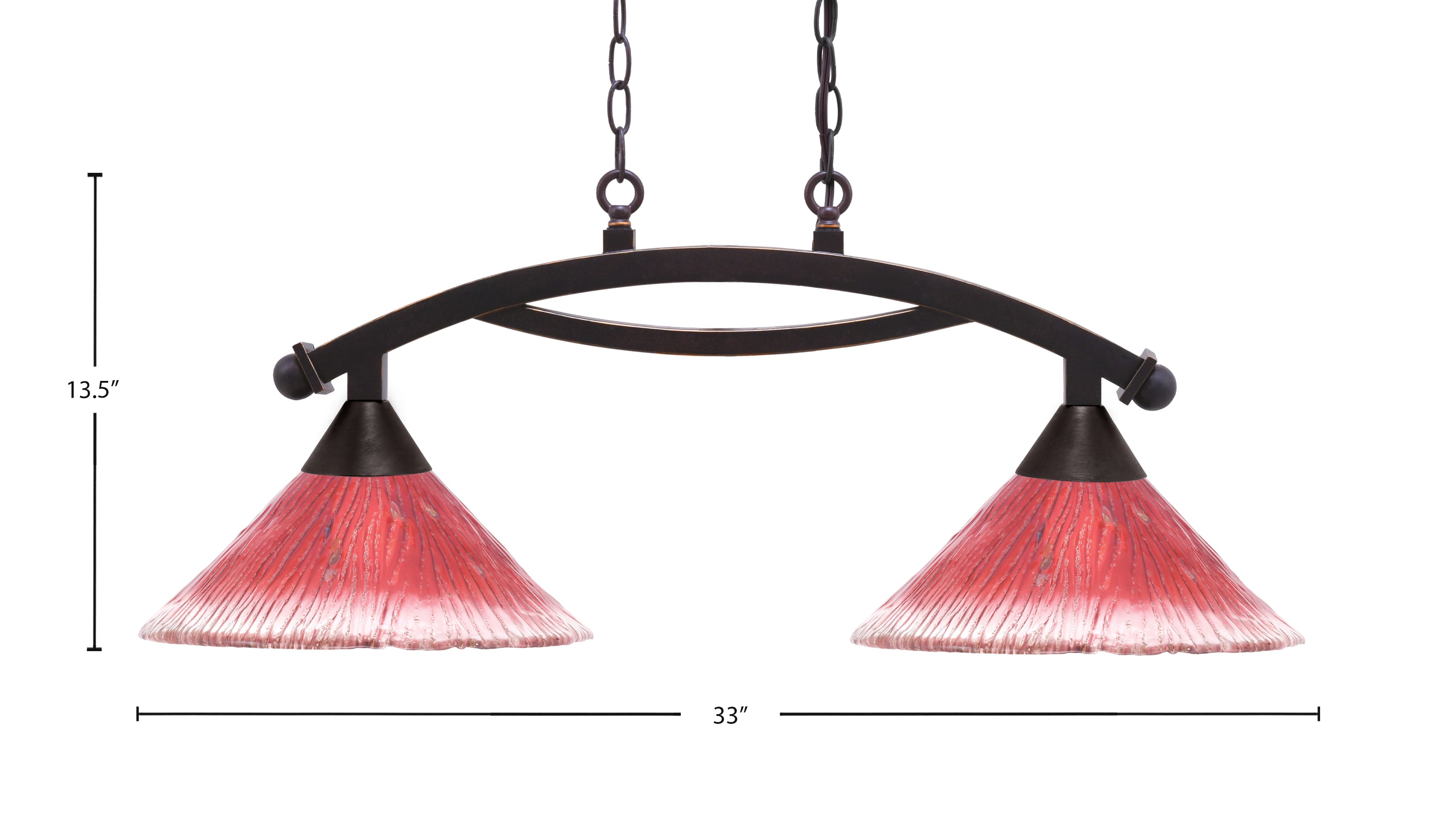 Bow Two Light Island Pendant in Dark Granite with 12" Raspberry Crystal Shade
