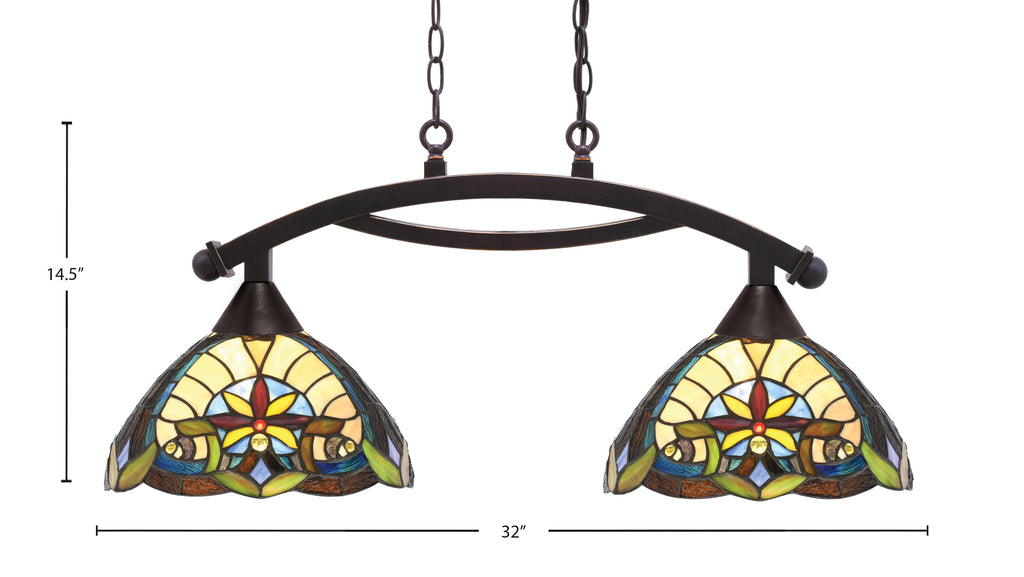 Bow Two Light Island Pendant in Dark Granite with Earth Star Art Glass Shade