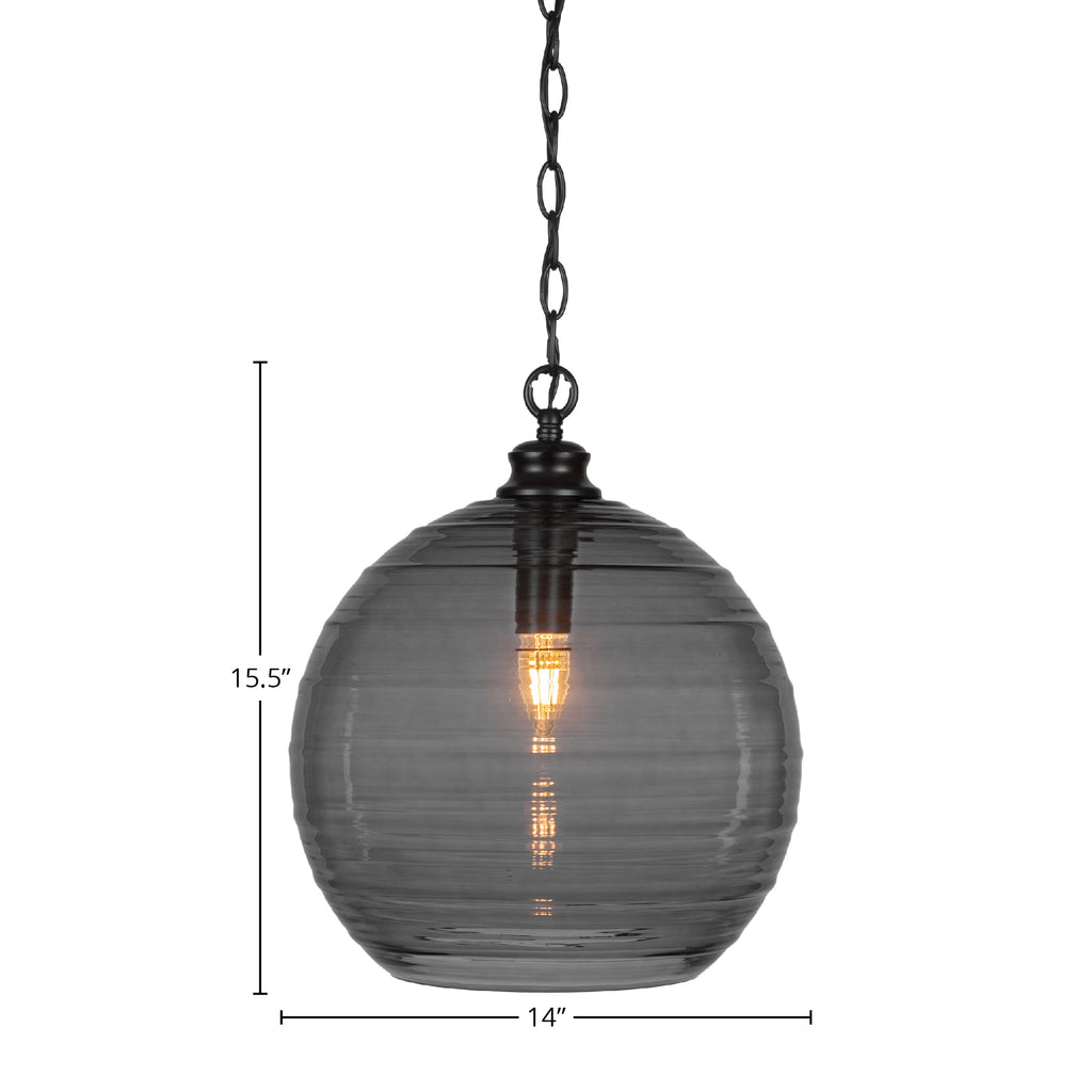 Malena One Light Pendant in Matte Black with 14" Smoke Ribbed Shade