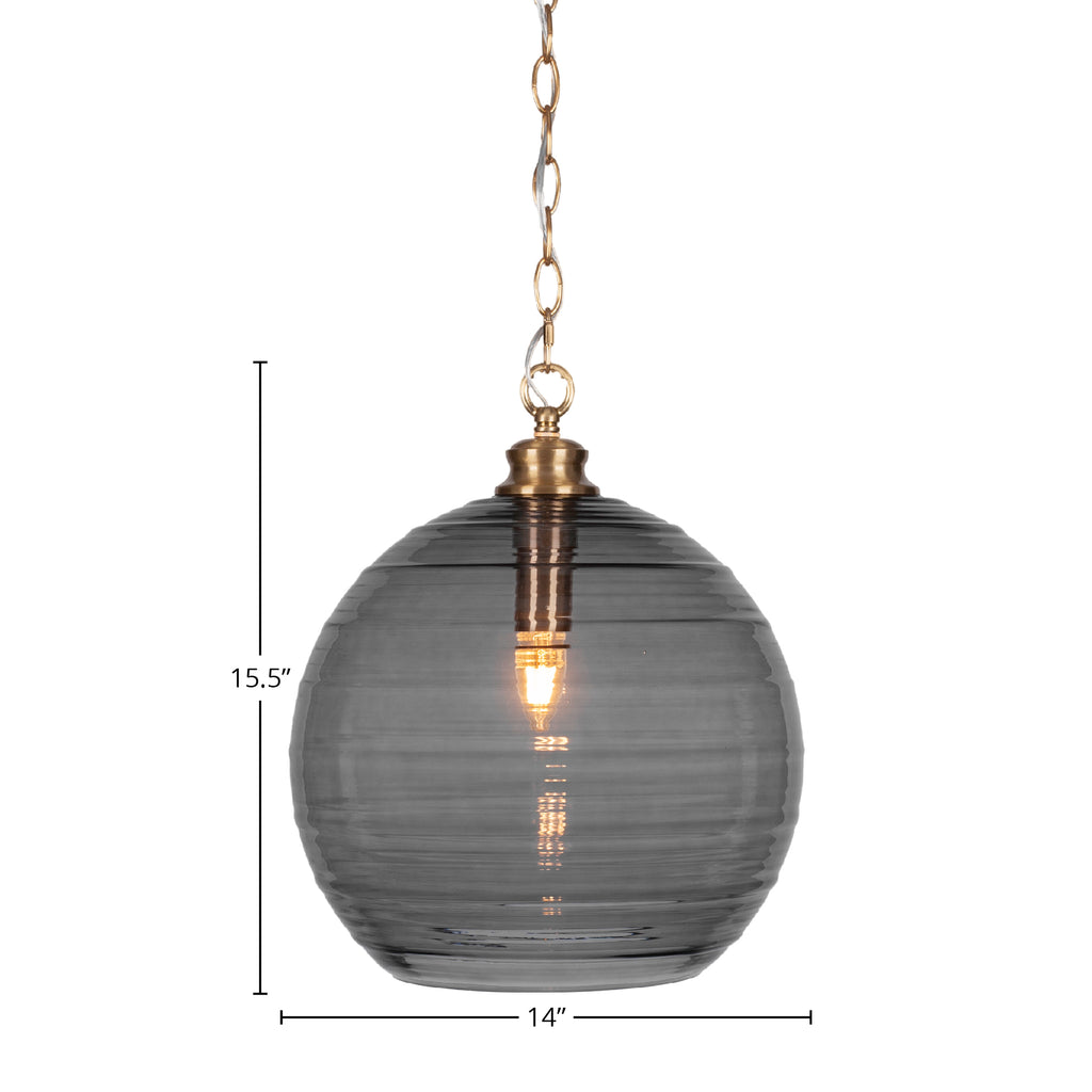 Malena One Light Pendant in New Age Brass with 14" Smoke Ribbed Shade