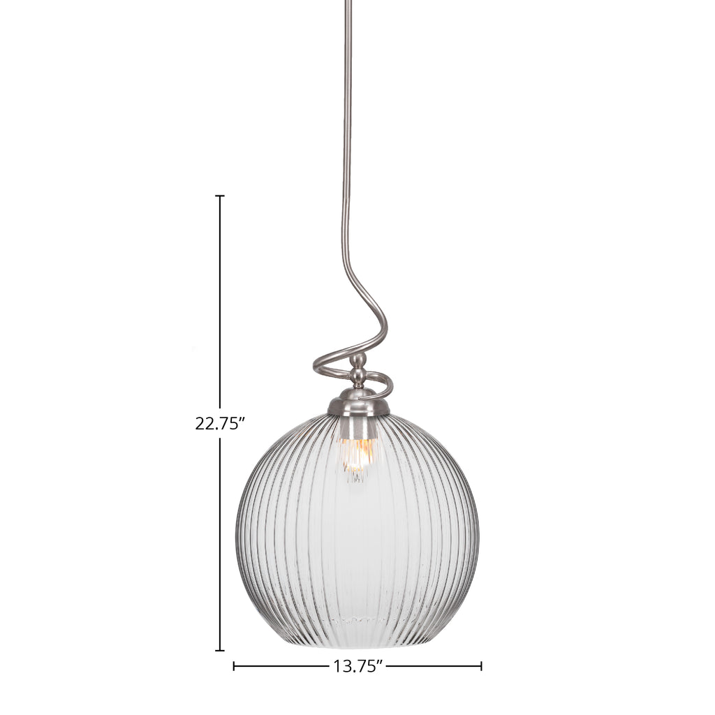 Capri One Light Pendant in Brushed Nickel with 13.75" Clear Ribbed Shade