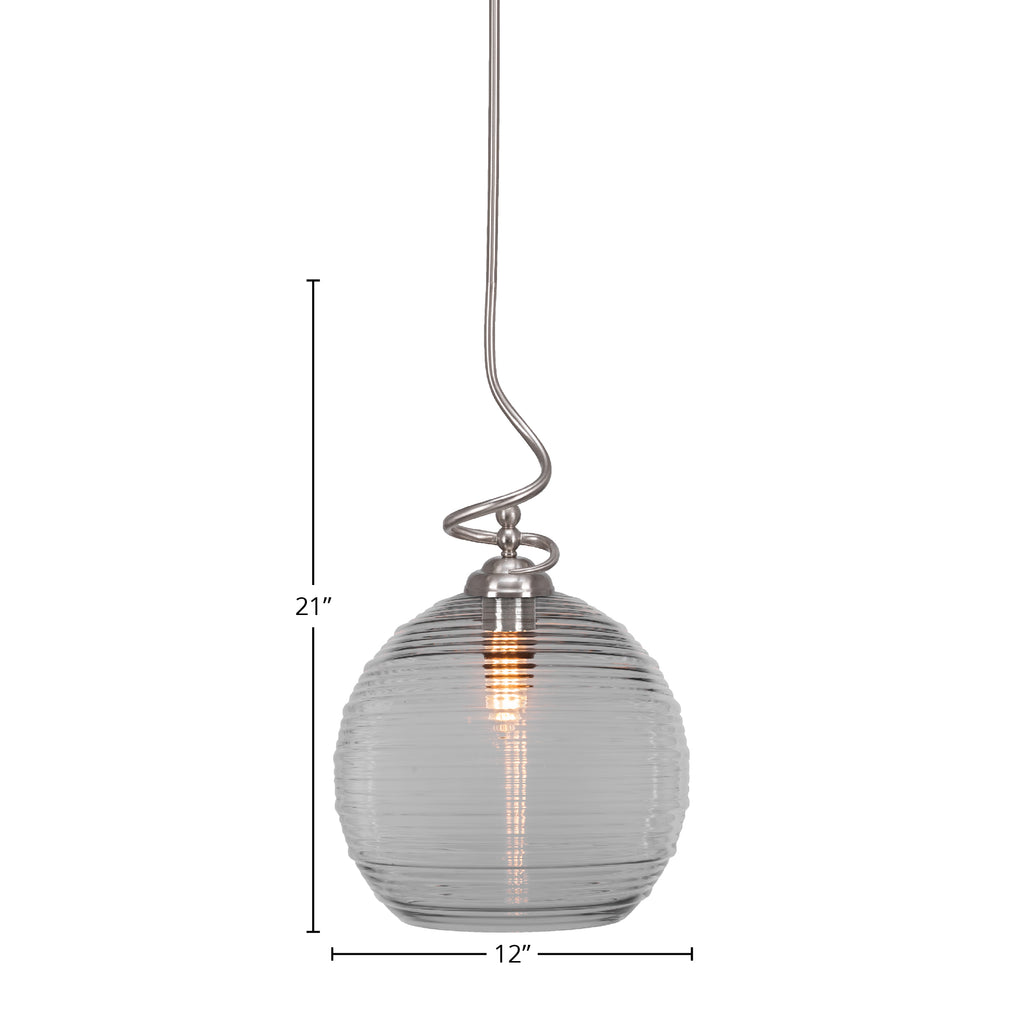 Capri One Light Pendant in Brushed Nickel with 12" Clear Ribbed Shade