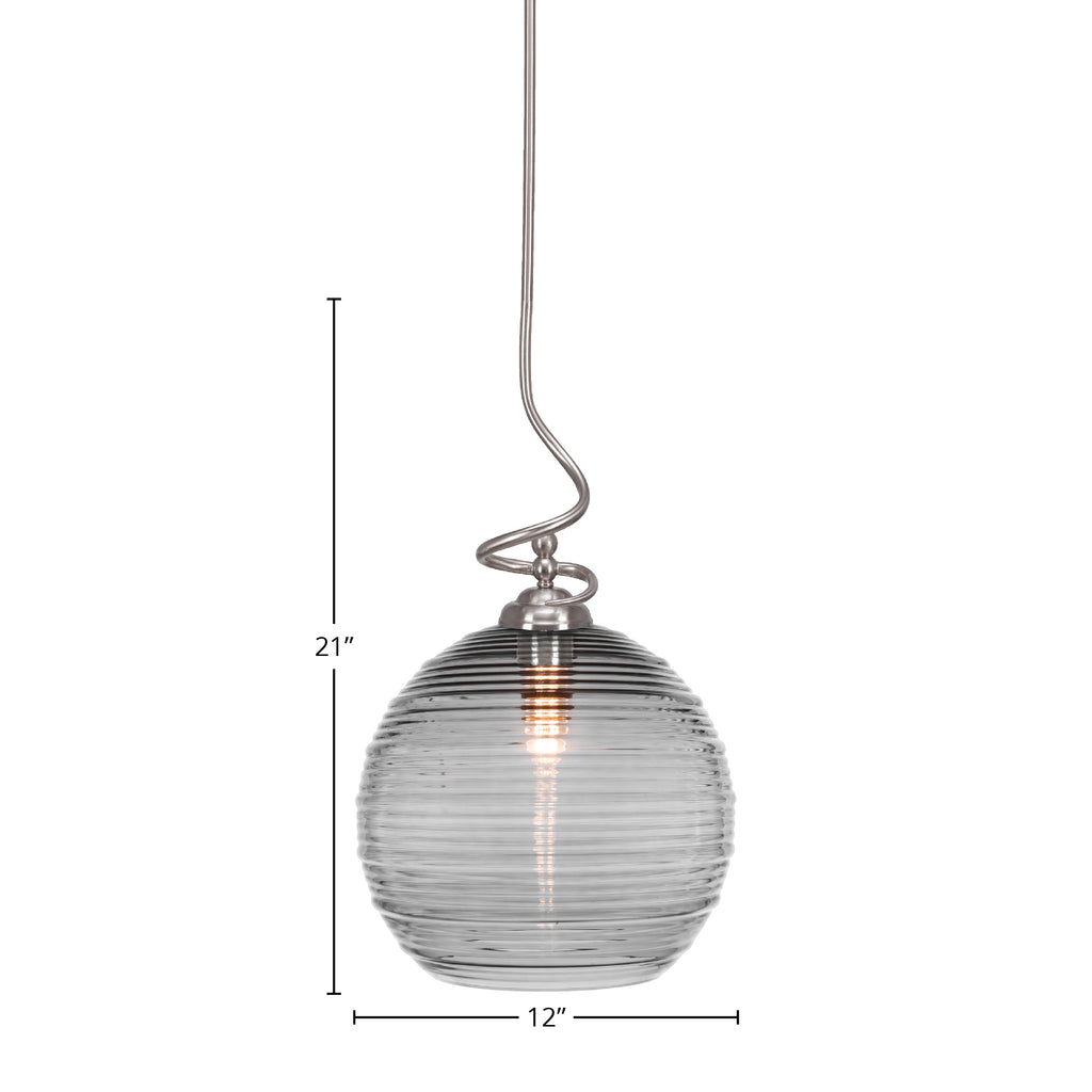 Capri One Light Pendant in Brushed Nickel with 12" Smoke Ribbed Shade