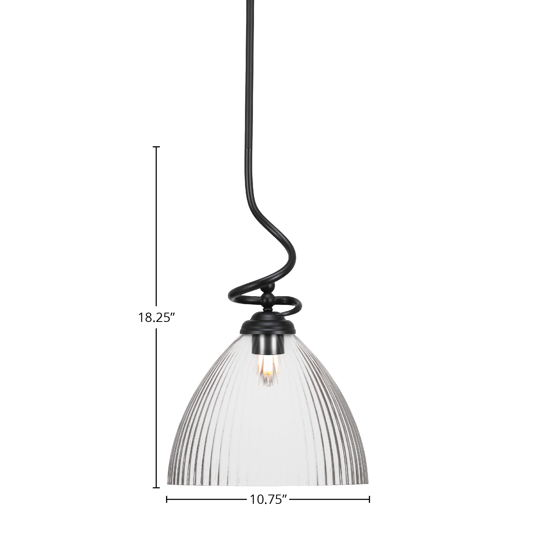 Capri One Light Pendant in Matte Black with 10.75" Clear Ribbed Shade