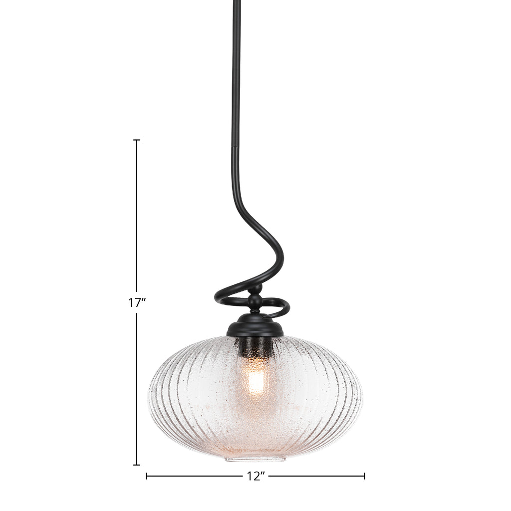Capri One Light Pendant in Matte Black with 12" Micro Bubble Ribbed Shade