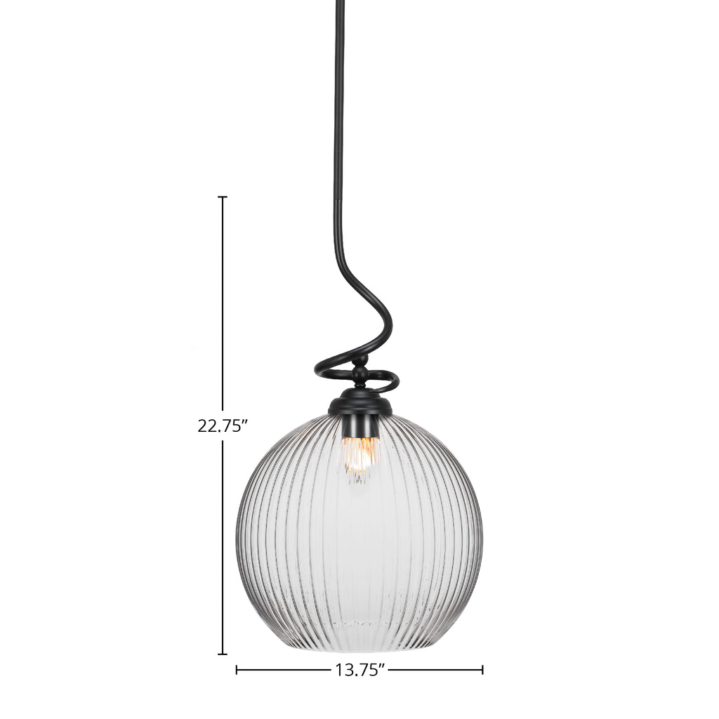 Capri One Light Pendant in Matte Black with 13.75" Clear Ribbed Shade
