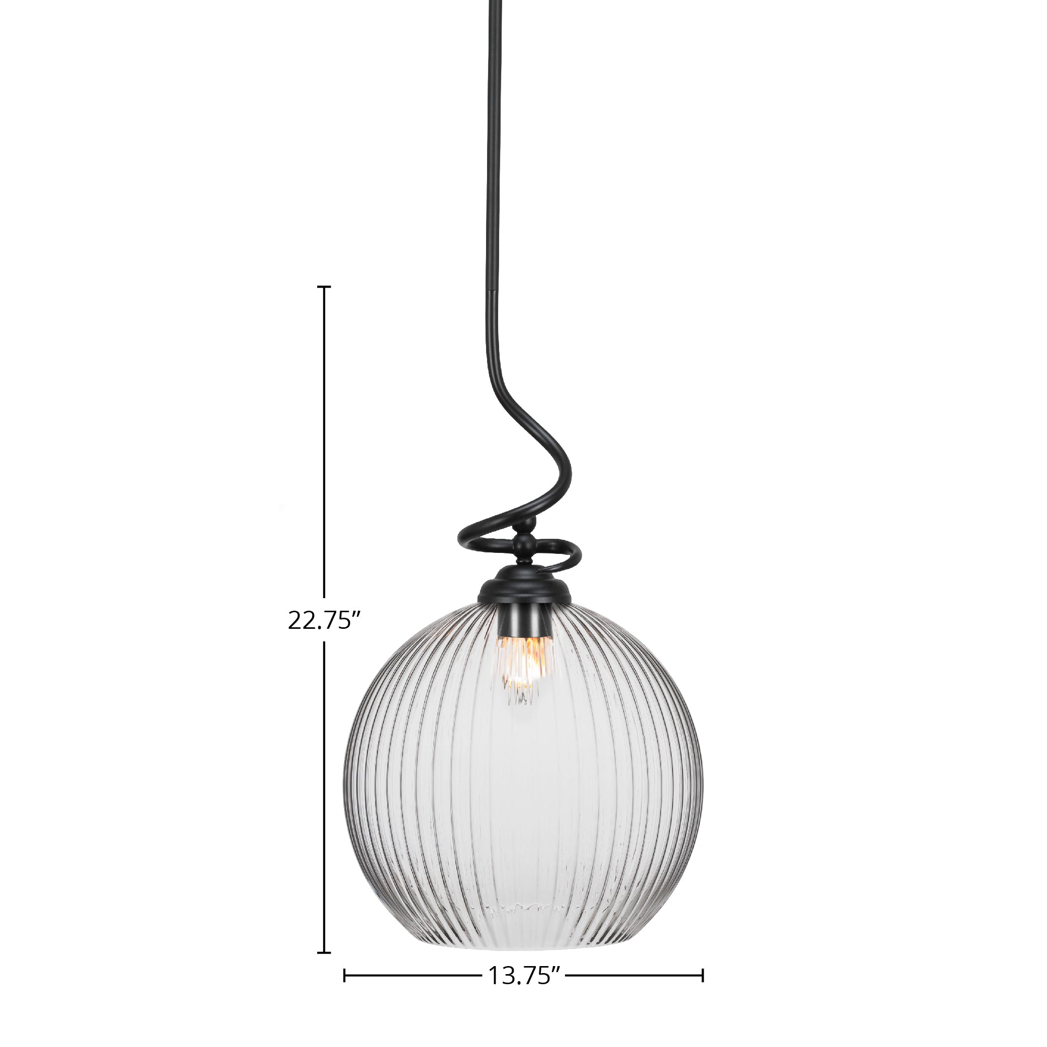 Capri One Light Pendant in Matte Black with 13.75" Clear Ribbed Shade