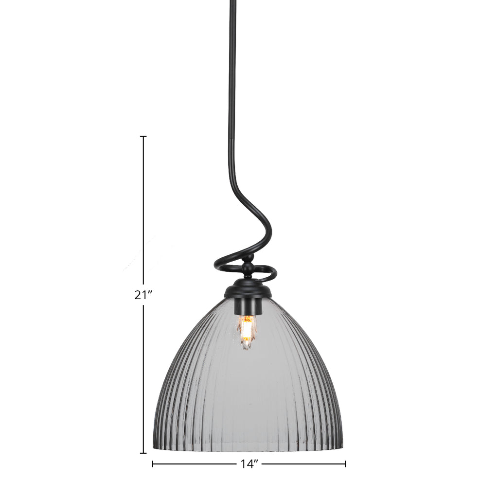 Capri One Light Pendant in Matte Black with 14" Clear Ribbed Shade