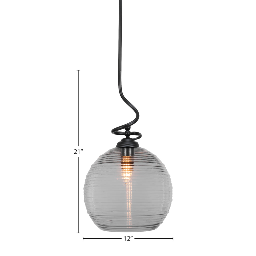 Capri One Light Pendant in Matte Black with 12" Clear Ribbed Shade