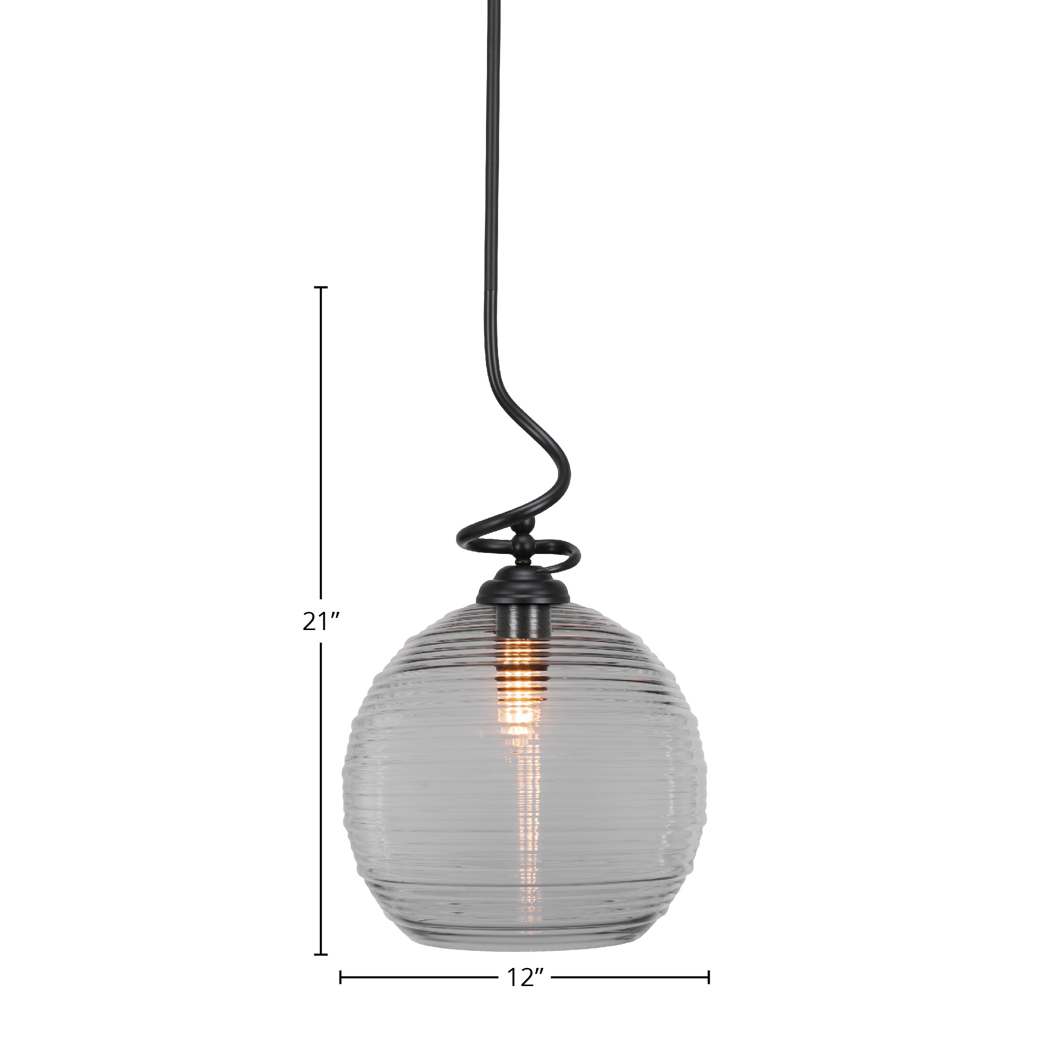 Capri One Light Pendant in Matte Black with 12" Clear Ribbed Shade