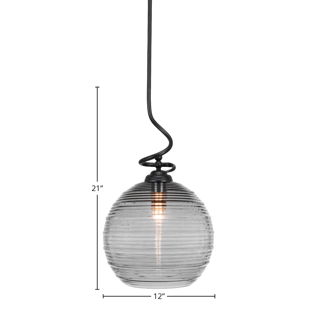 Capri One Light Pendant in Matte Black with 12" Smoke Ribbed Shade