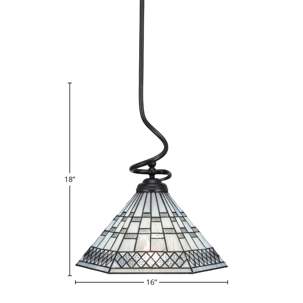 Capri One Light Pendant in Matte Black with 16" Pewter Art Glass Shade
