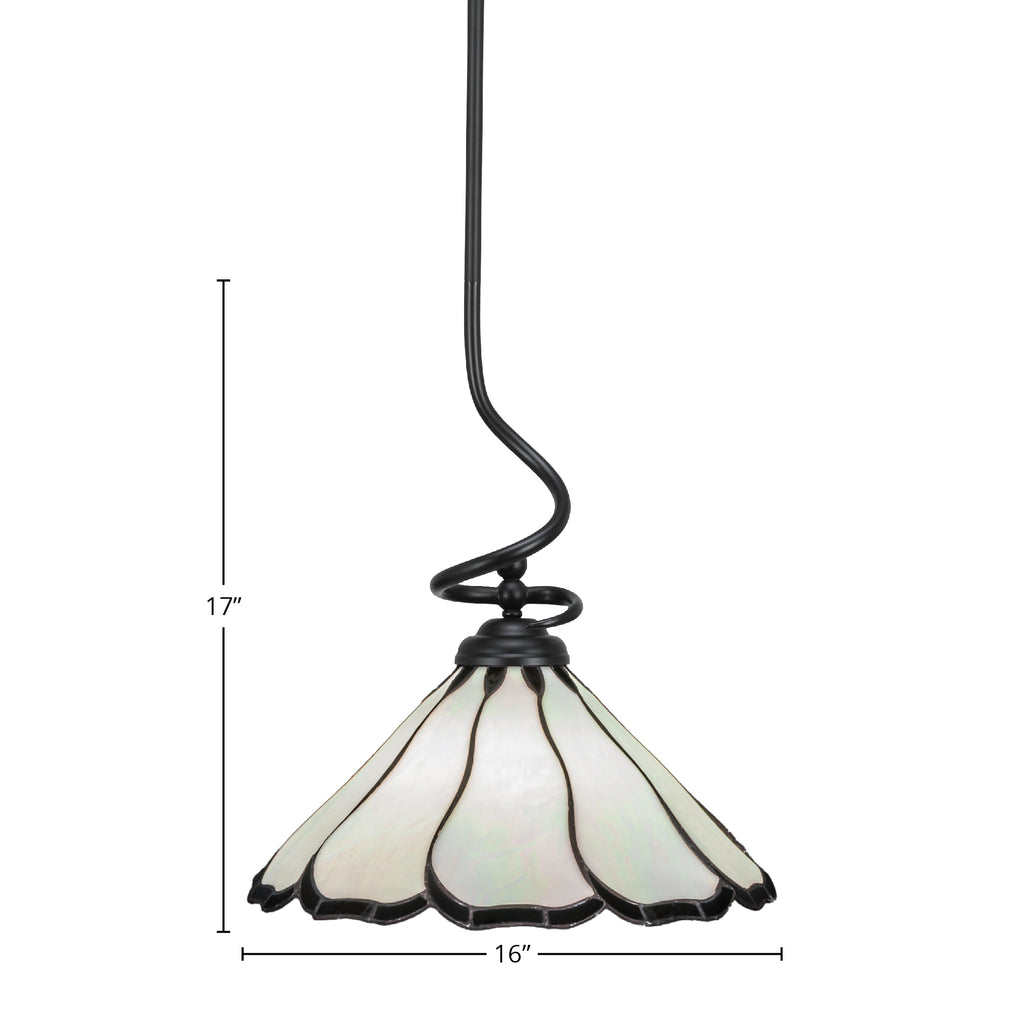 Capri One Light Pendant in Matte Black with 16" Pearl & Black Flair Art Glass Shade