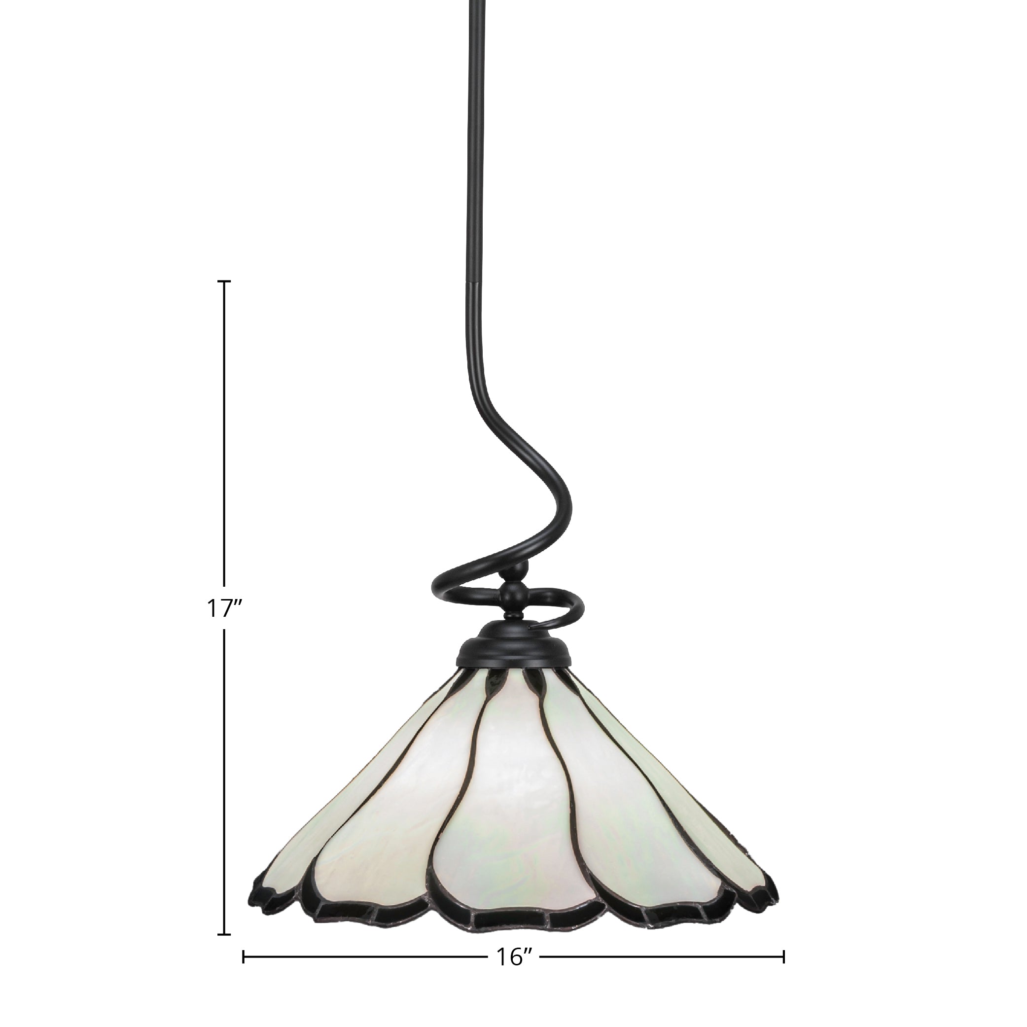 Capri One Light Pendant in Matte Black with 16" Pearl & Black Flair Art Glass Shade