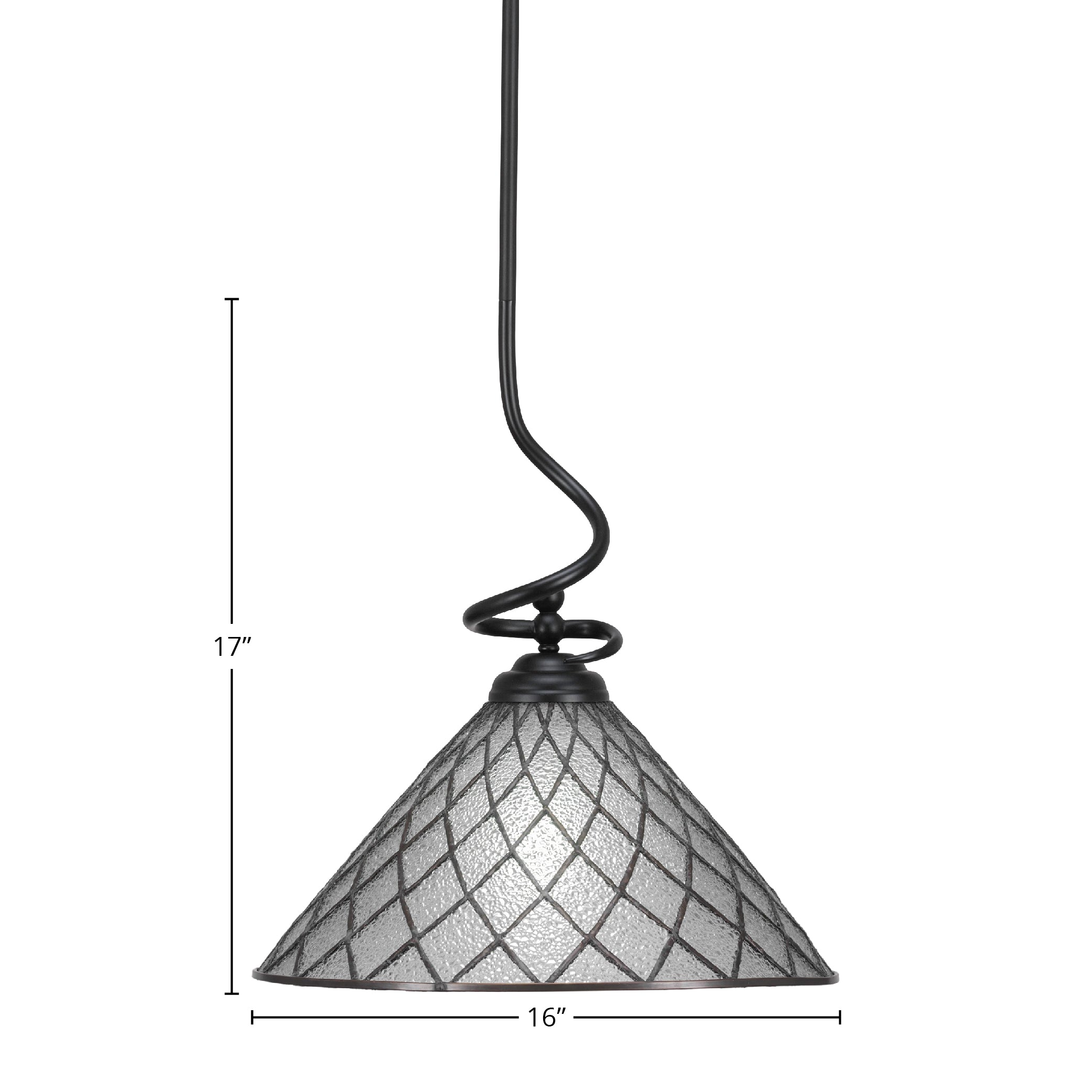 Capri One Light Pendant in Matte Black with 16" Diamond Ice Art Glass Shade