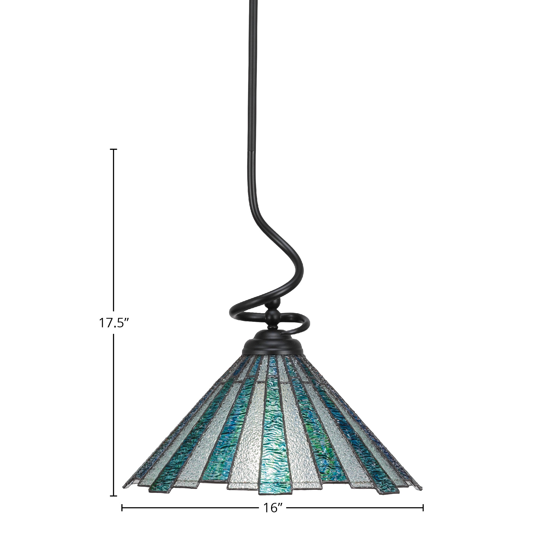 Capri One Light Pendant in Matte Black with 16" Sea Ice Art Glass Shade