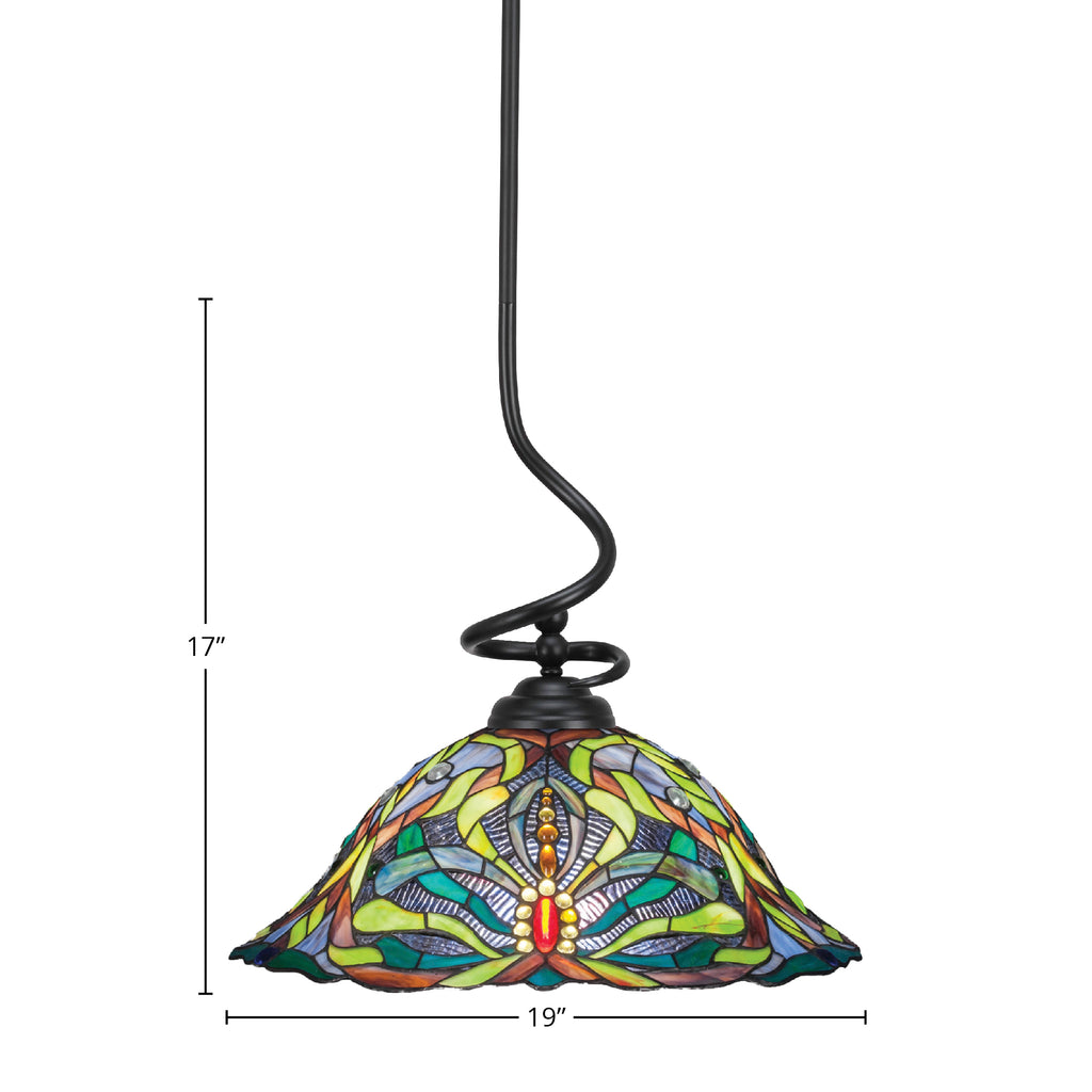 Capri One Light Pendant in Matte Black with 19" Kaleidoscope Art Glass Shade