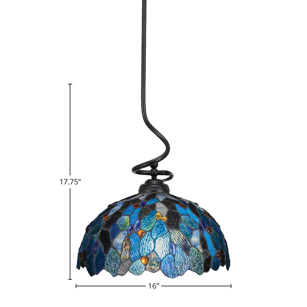 Capri One Light Pendant in Matte Black with 7" Blue Mosaic Art Glass Shade