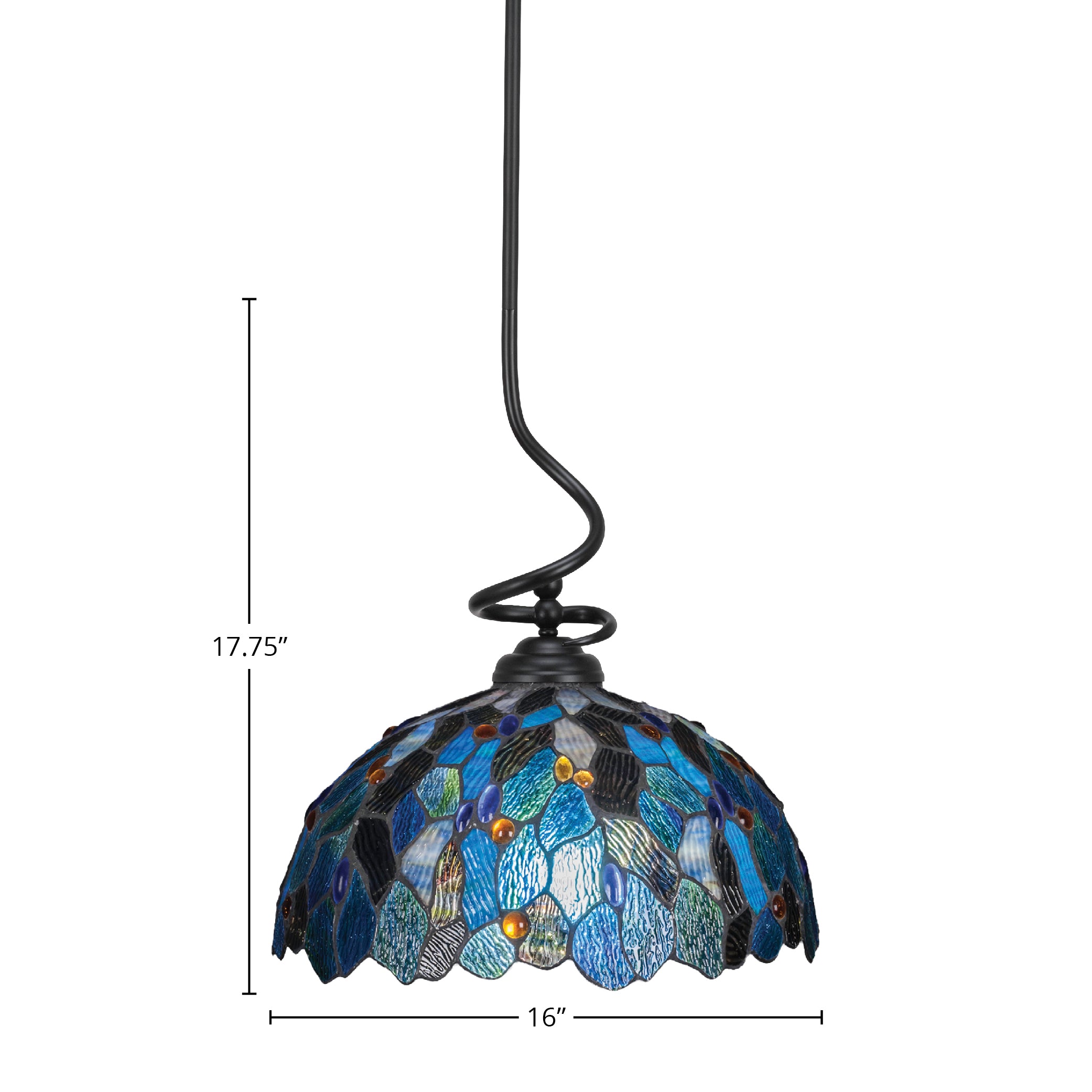 Capri One Light Pendant in Matte Black with 7" Blue Mosaic Art Glass Shade