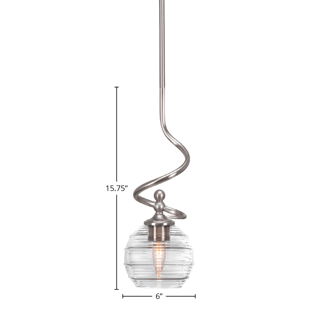 Capri One Light Mini Pendant in Brushed Nickel with 6" Clear Ribbed Shade