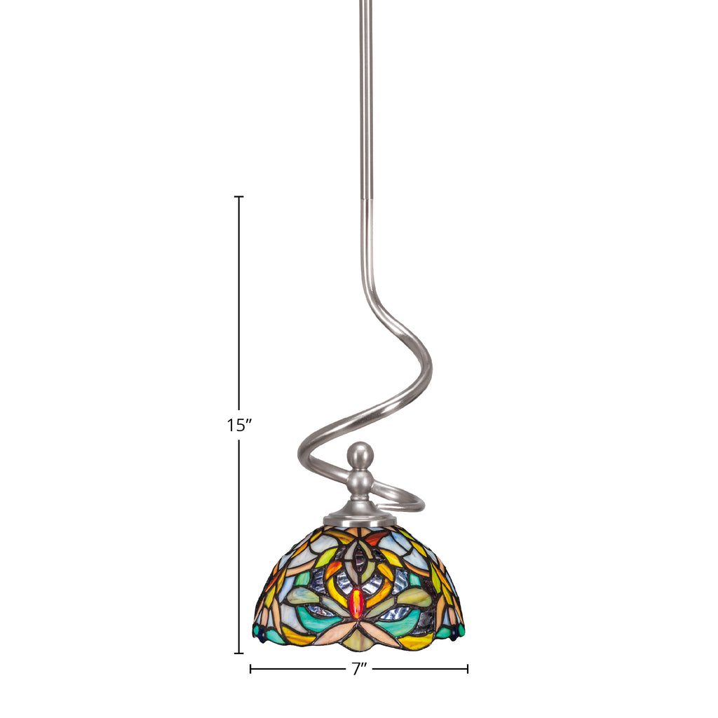 Capri One Light Mini Pendant in Brushed Nickel with 7" Kaleidoscope Art Glass Shade