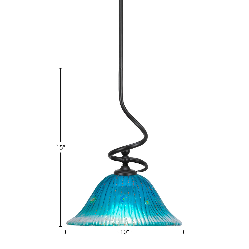 Capri One Light Mini Pendant in Matte Black with 10" Teal Crystal Shade