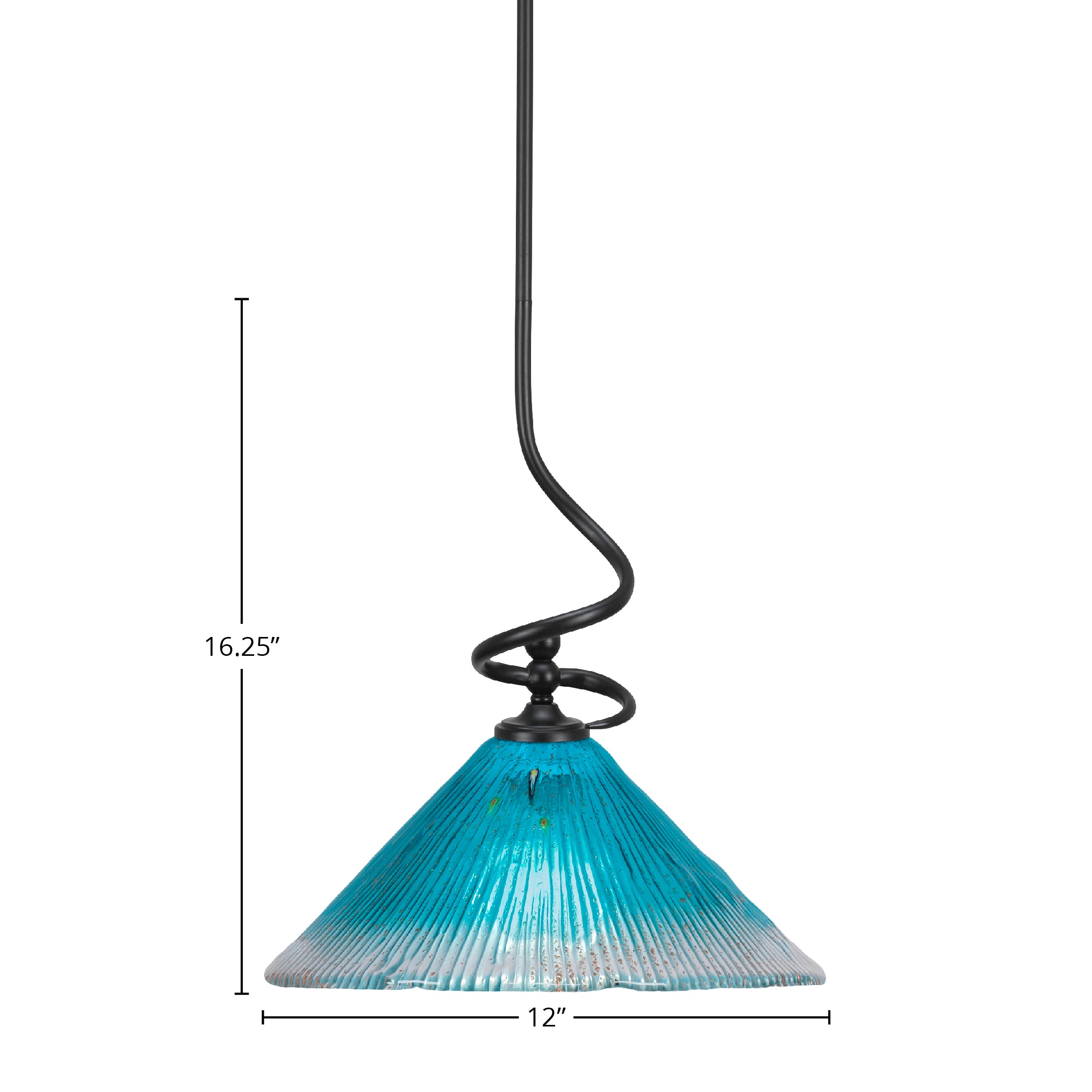 Capri One Light Mini Pendant in Matte Black with 12" Teal Crystal Shade