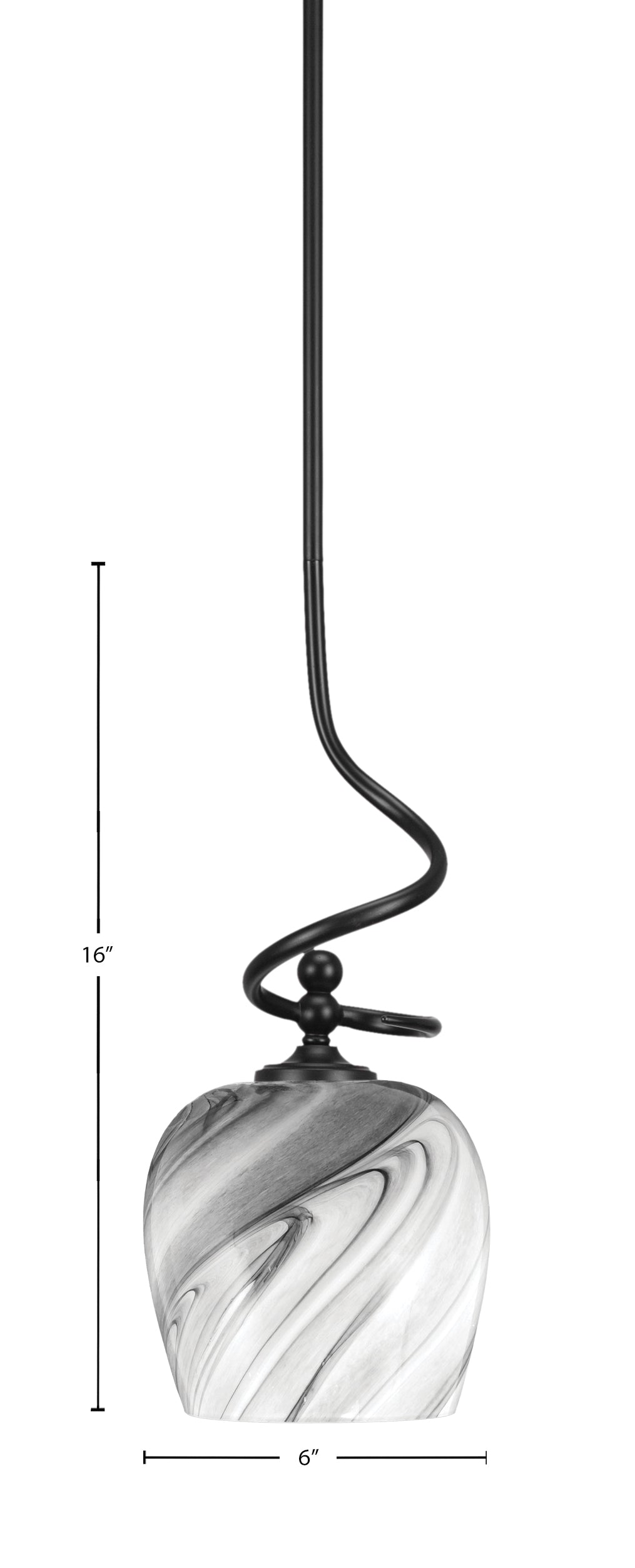Capri One Light Mini Pendant in Matte Black with 6" Onyx Swirl Shade