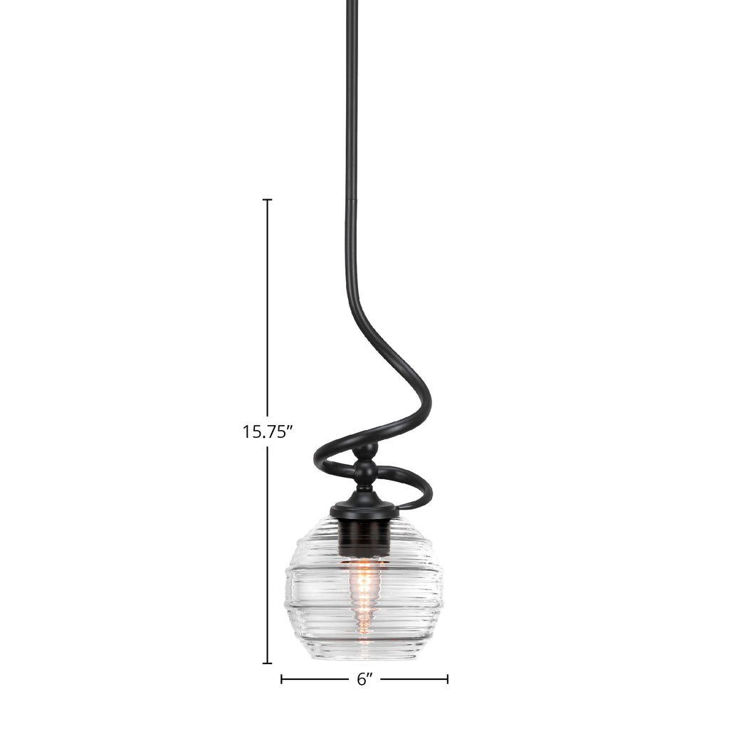 Capri One Light Mini Pendant in Matte Black with 6" Clear Ribbed Shade