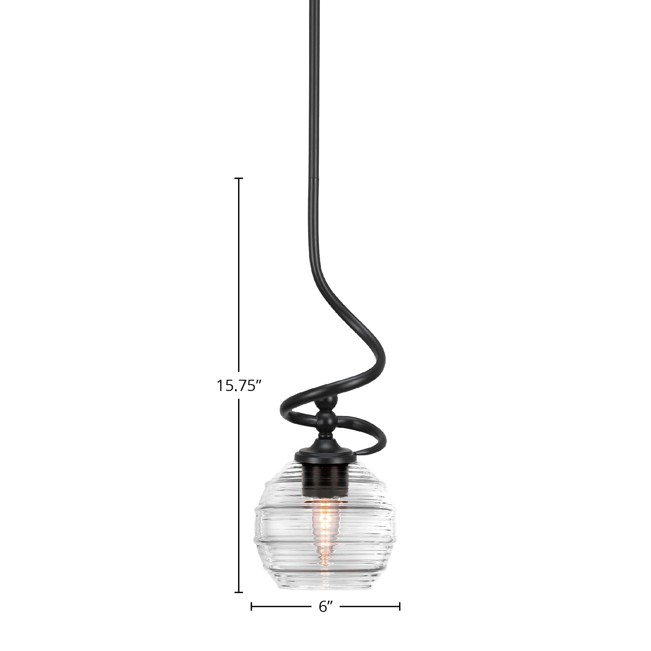 Capri One Light Mini Pendant in Matte Black with 6" Clear Ribbed Shade