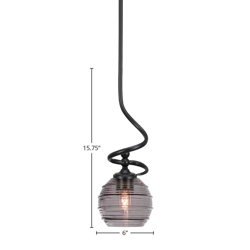 Capri One Light Mini Pendant in Matte Black with 6" Smoke Ribbed Shade