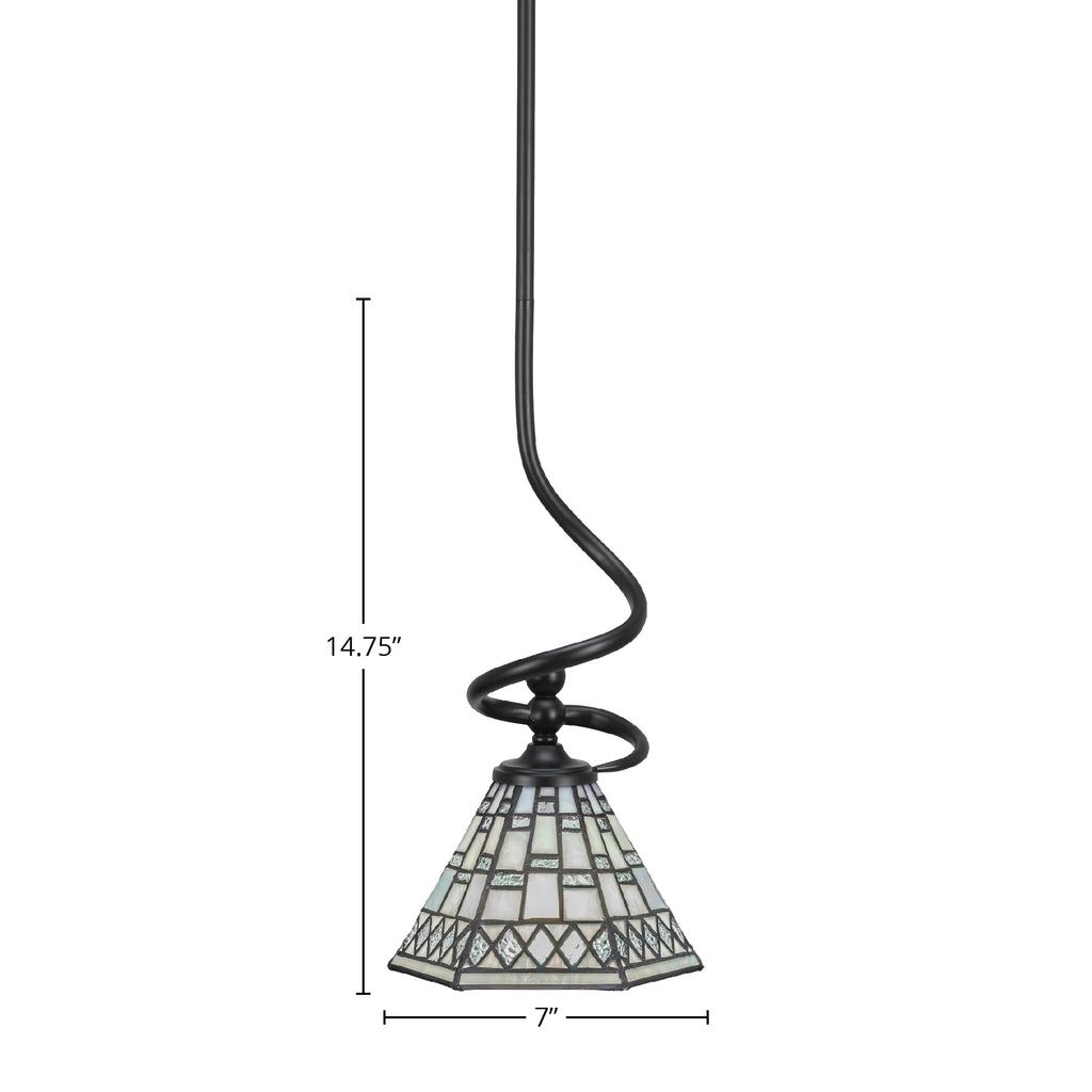 Capri One Light Mini Pendant in Matte Black with 7" Pewter Art Glass Shade