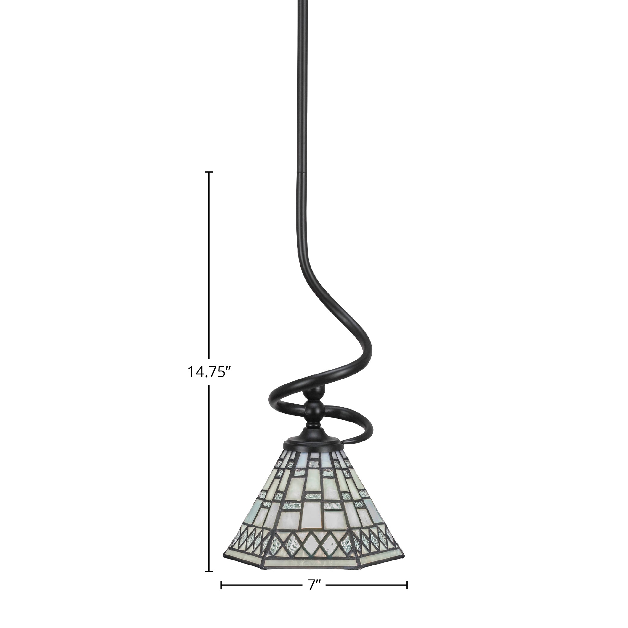 Capri One Light Mini Pendant in Matte Black with 7" Pewter Art Glass Shade