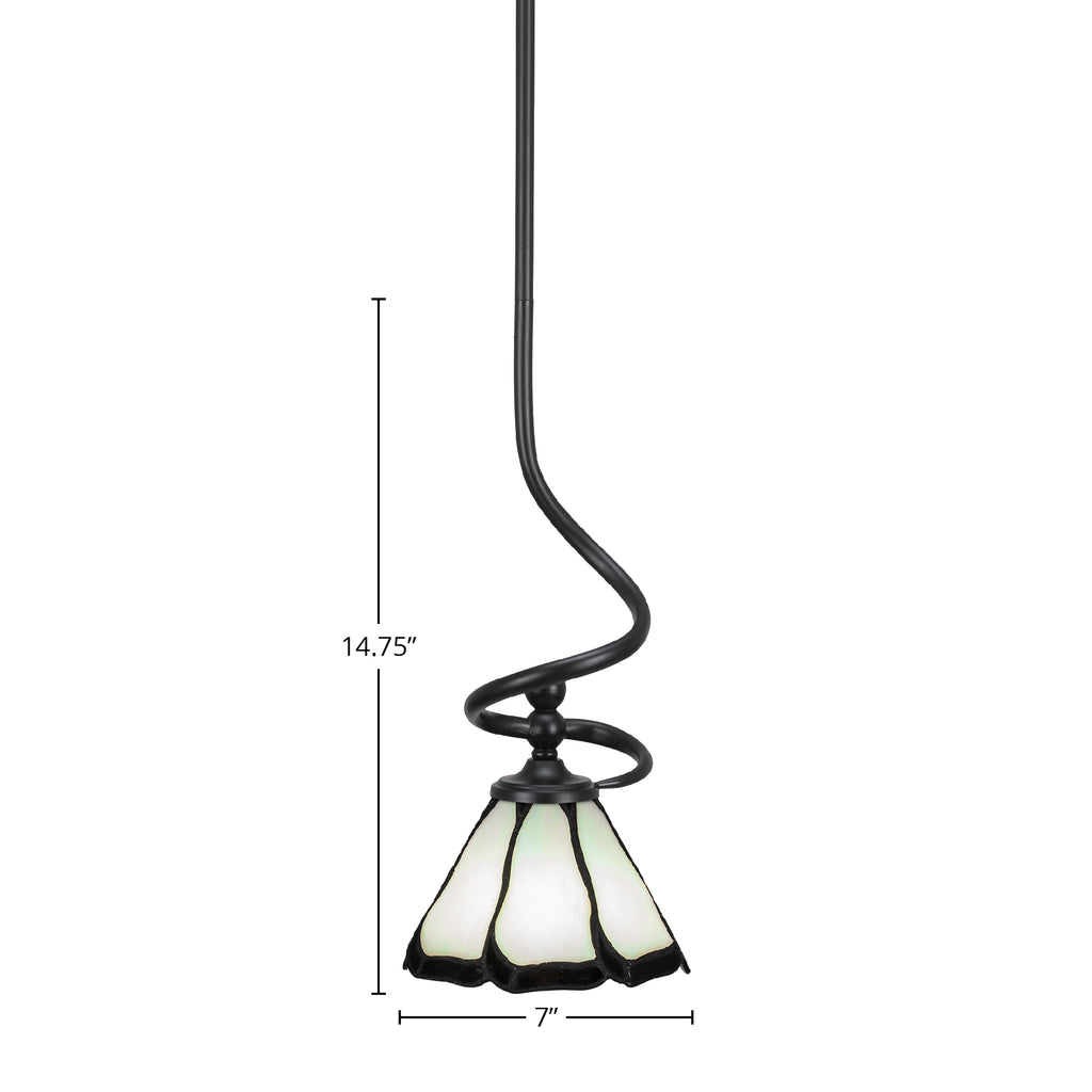 Capri One Light Mini Pendant in Matte Black with 7" Pearl & Black Flair Art Glass Shade