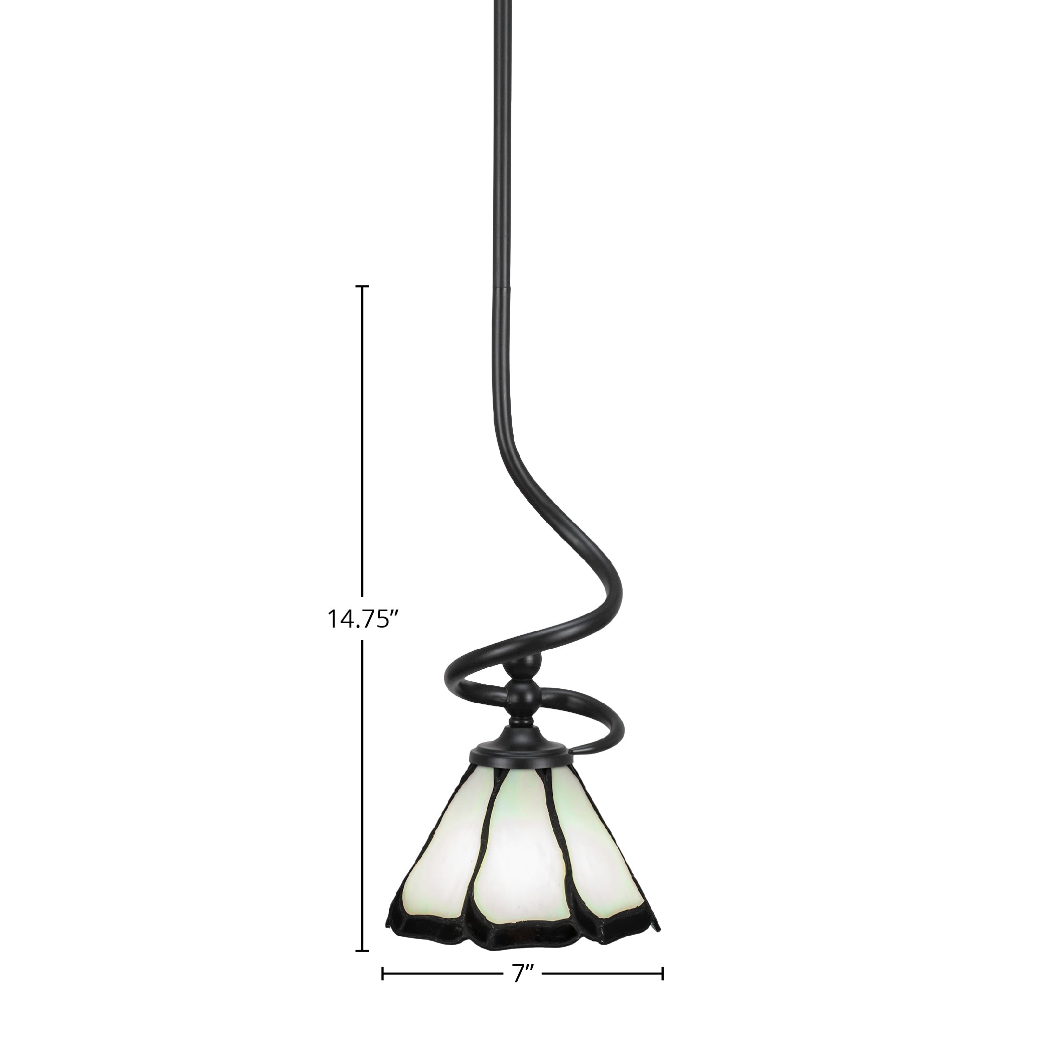 Capri One Light Mini Pendant in Matte Black with 7" Pearl & Black Flair Art Glass Shade