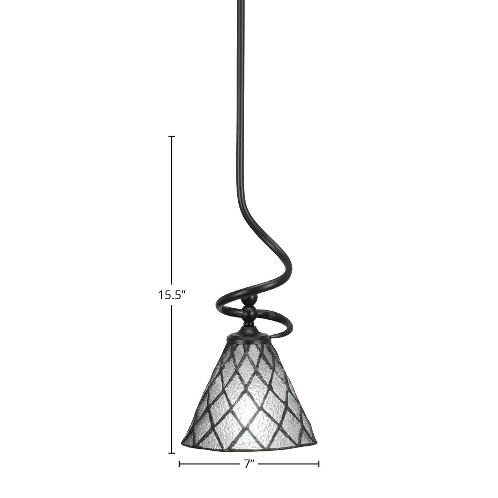 Capri One Light Mini Pendant in Matte Black with 7" Diamond Ice Art Glass Shade