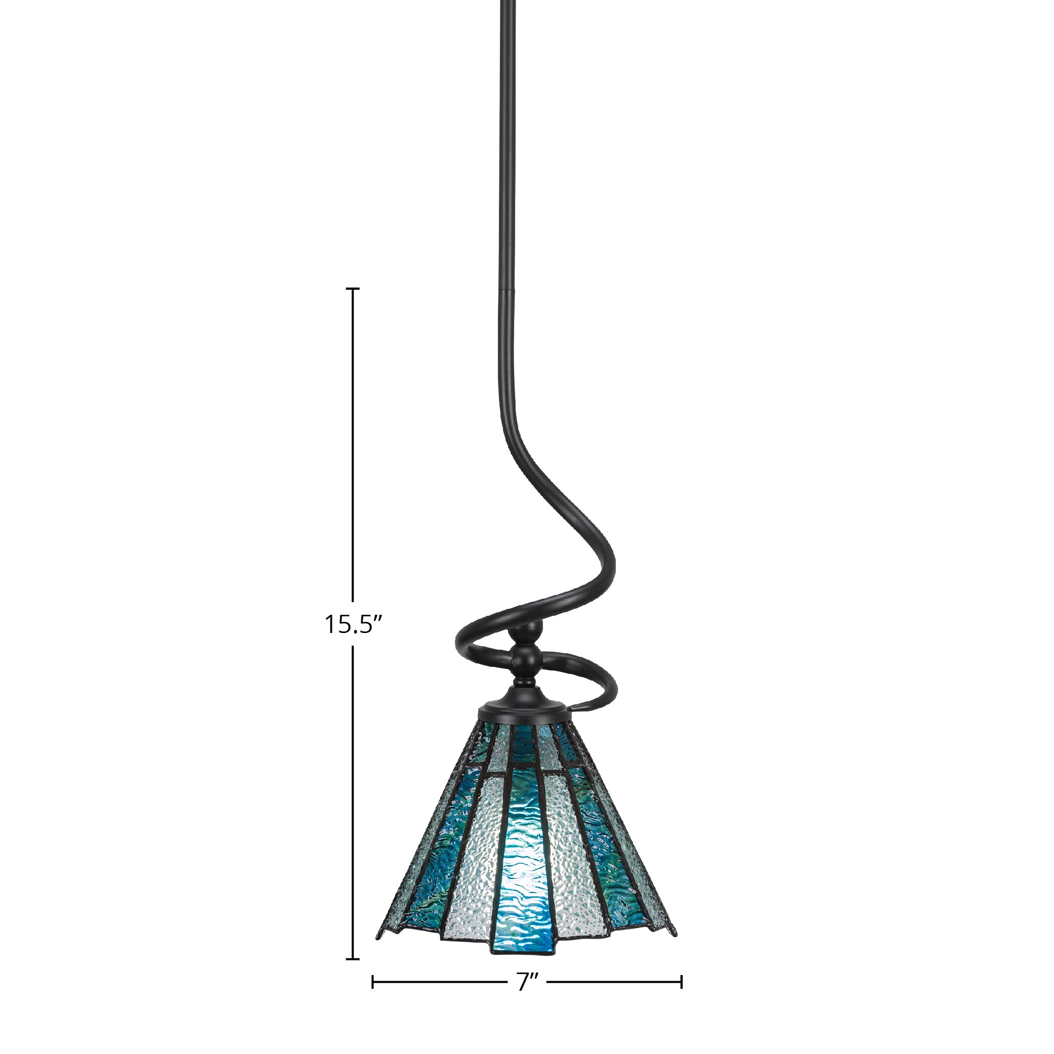 Capri One Light Mini Pendant in Matte Black with 7" Sea Ice Art Glass Shade