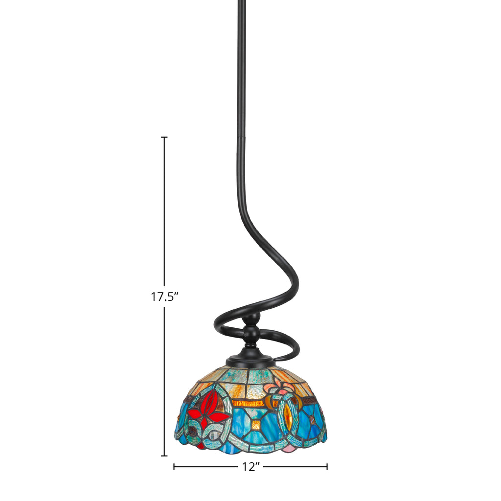 Capri One Light Mini Pendant in Matte Black with 12" Sierra Art Glass Shade