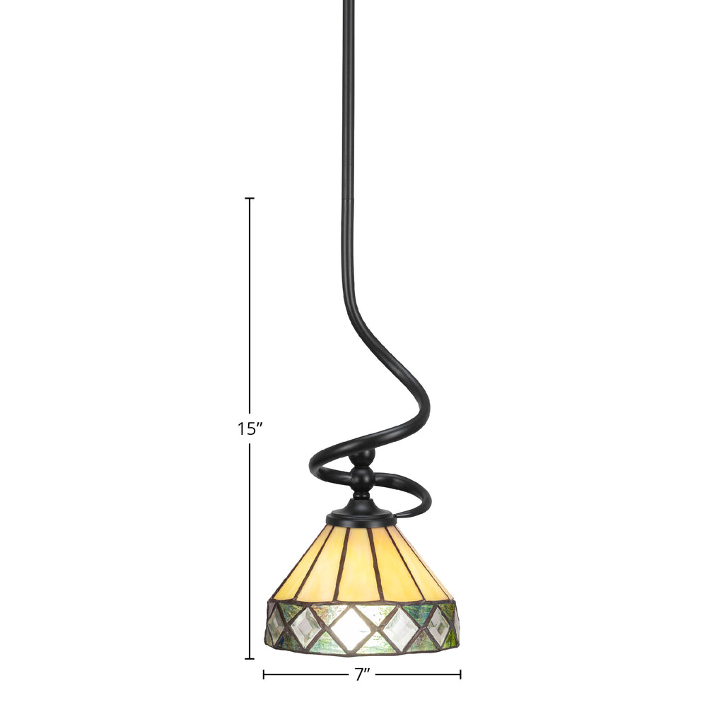 Capri One Light Mini Pendant in Matte Black with 7" Diamond Peak Art Glass Shade