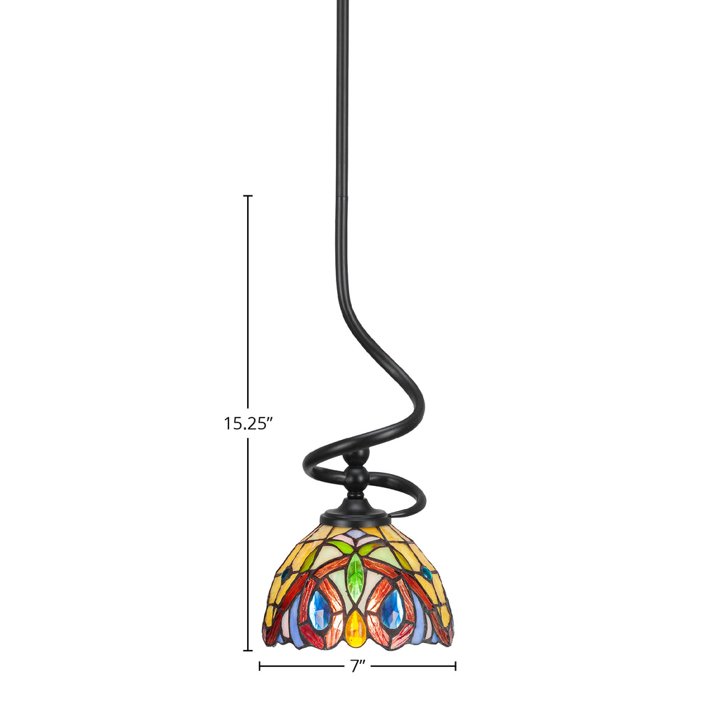 Capri One Light Mini Pendant in Matte Black with 7" Lynx Art Glass Shade