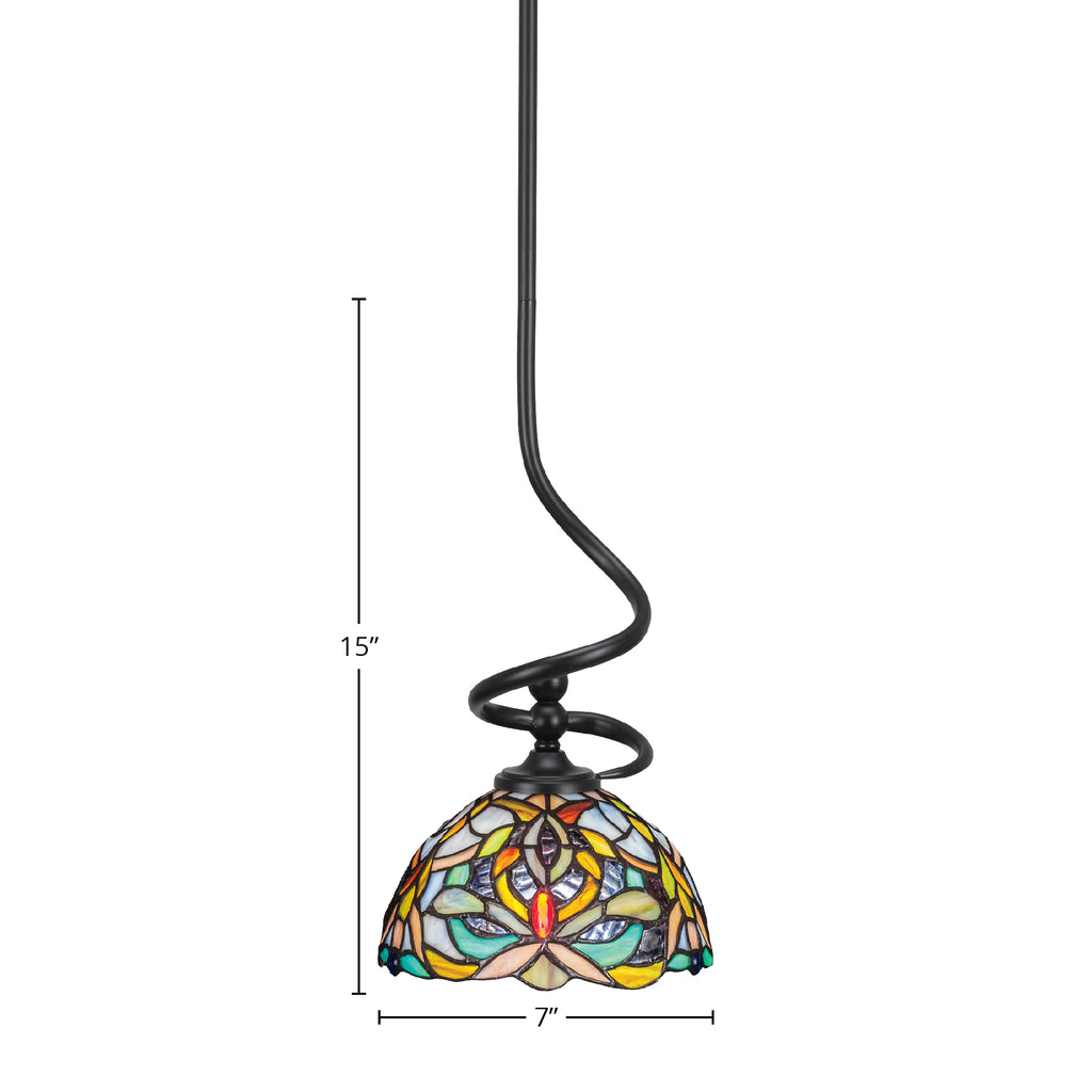 Capri One Light Mini Pendant in Matte Black with 7" Kaleidoscope Art Glass Shade