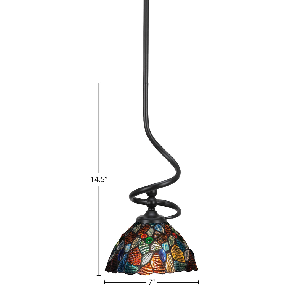 Capri One Light Mini Pendant in Matte Black with 7" Blue Mosaic Art Glass Shade