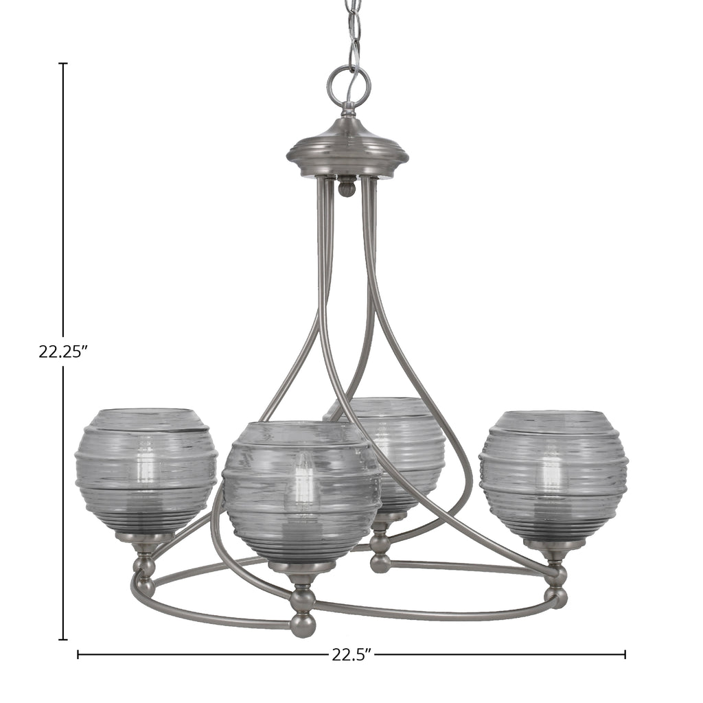 Capri Four Light Chandelier in Brushed Nickel with 6" Clear Ribbed Shade
