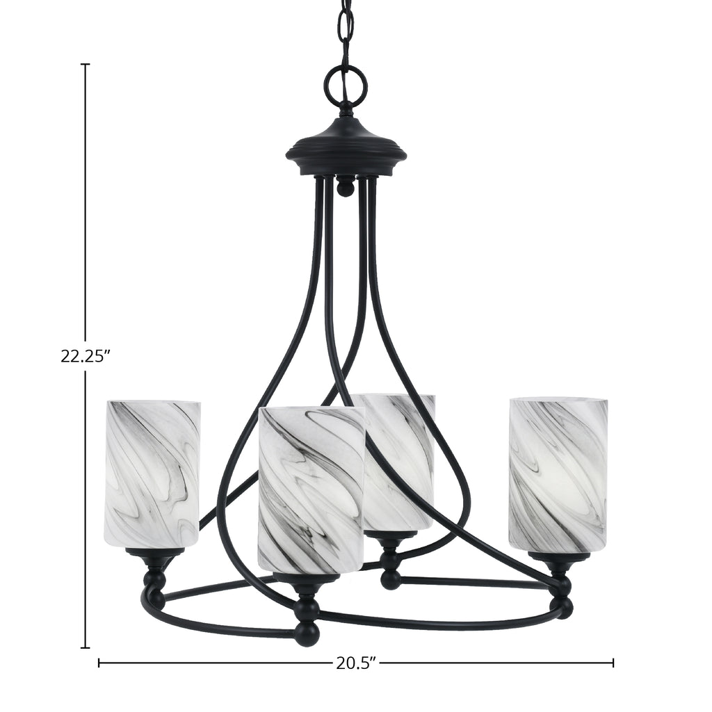 Capri Four Light Chandelier in Matte Black with 4" Onyx Swirl Shade