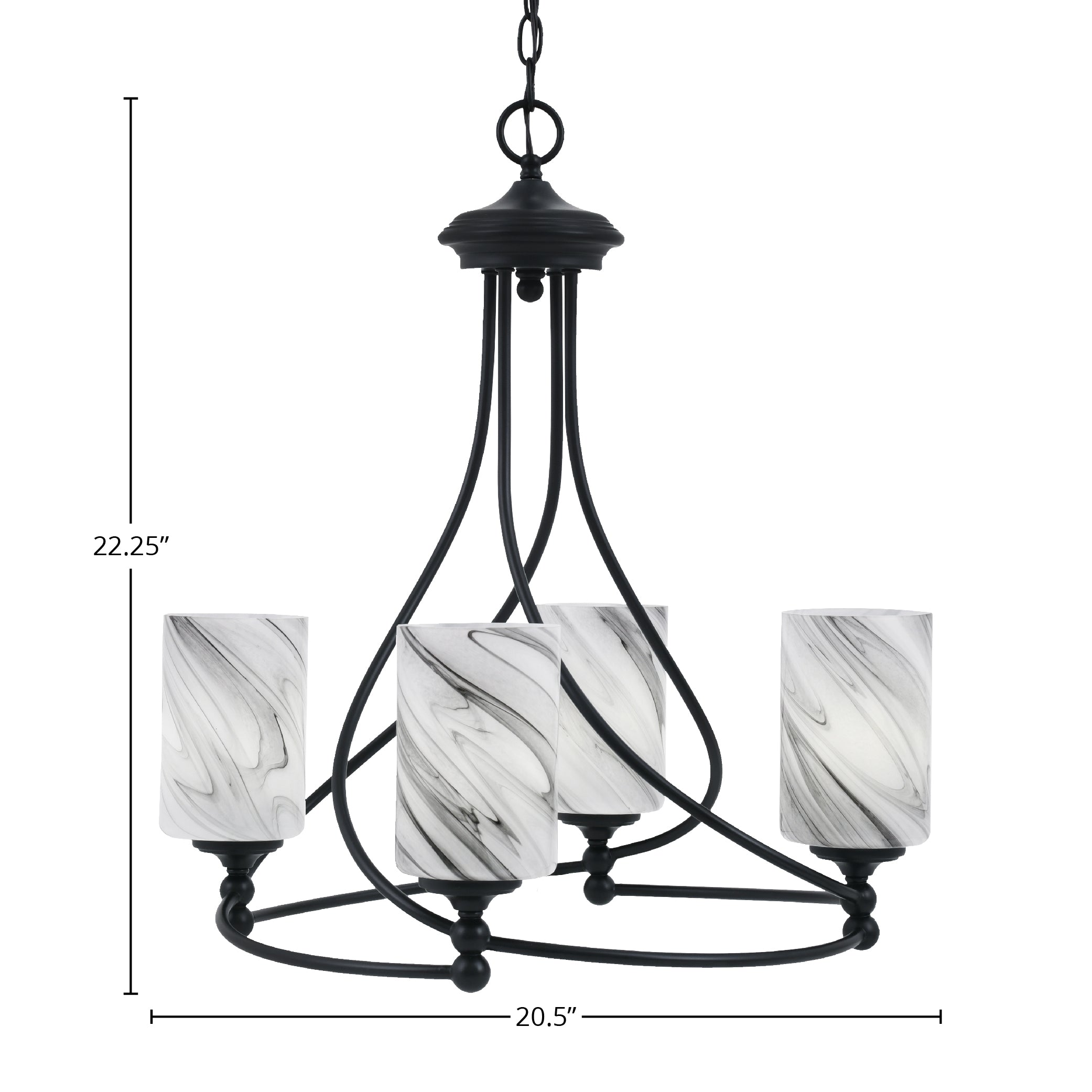 Capri Four Light Chandelier in Matte Black with 4" Onyx Swirl Shade