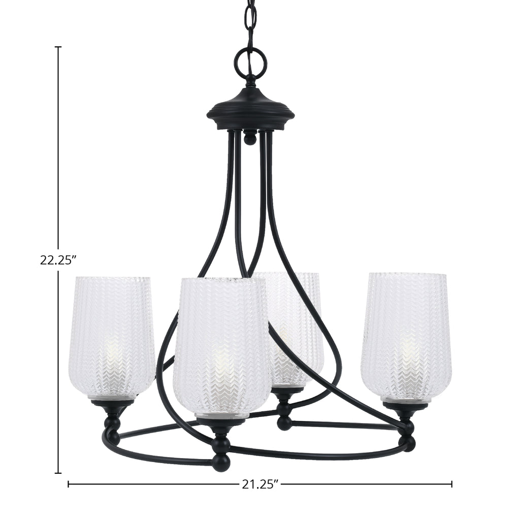 Capri Four Light Chandelier in Matte Black with 5" Clear Textured Shade